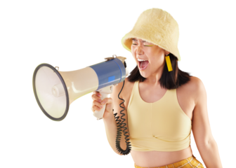 Megaphone, protest and woman voice for news, broadcast or frustrated student isolated on transparent png background. Asian person, gen z or angry youth in announcement, call to action or human rights