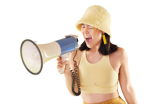 Megaphone, protest and woman voice for news, broadcast or frustrated student isolated on transparent png background. Asian person, gen z or angry youth in announcement, call to action or human rights