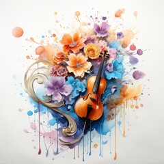 Illustration of music symbols, instruments and notes in colorful watercolors