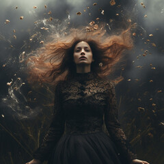 allegory - a girl in a black lace dress is depressed, renunciation, hopelessness, oblivion, chaos of nature reigns around against the backdrop of a black sky, in Gothic style - obrazy, fototapety, plakaty