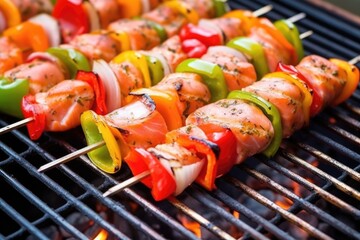 grill with salmon steak and bell peppers skewers
