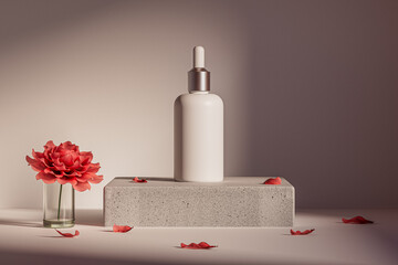 3d illustration of set of diverse cosmetic container in white color standing on pedestal over white background. Cosmetic bottle with dropper 3d render mockup