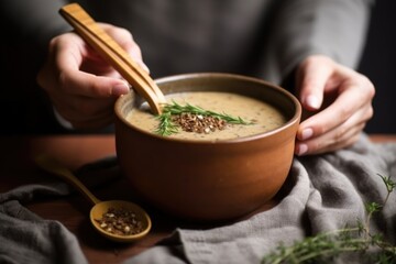hand holding a spoon in a bowl filled with mushroom soup - Powered by Adobe