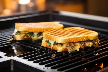 skillet with brick-pressed grilled sandwich on cooking range