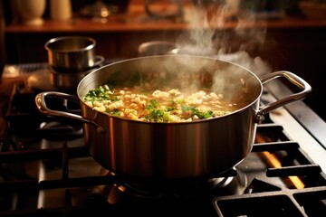a pot of steaming soup on a stovetop