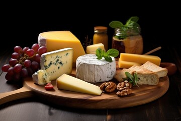various types of artisan cheese on a wooden board
