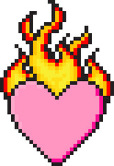 Pixel art heart with flame sticker in the mood of 90's game aesthetics. Vector 8-bit retro style illustration for card, social media, banner, collage.