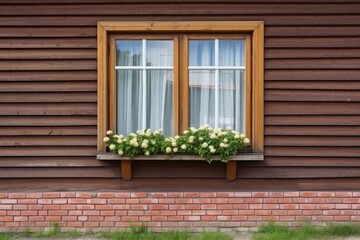 Fototapeta na wymiar close-up of a farmhouses brick wall with a wooden window frame