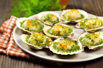 grilled scallops with fresh herbs on a shell plate