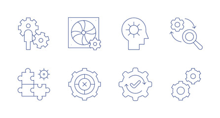 Gear icons. Editable stroke. Containing gear, solution, fan, setting, functioning, control system, research and development.