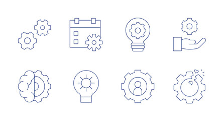 Gear icons. Editable stroke. Containing gears, mind, calendar, gear, idea, user, disruption.