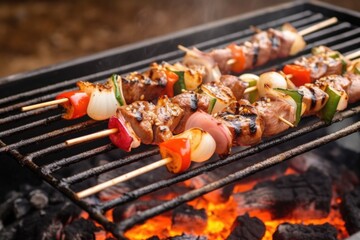 close-up of tuna skewers with sesame seeds on a grill