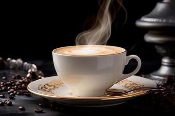 White Cup of Coffee with Steam and Coffee Beans on a Dark Background