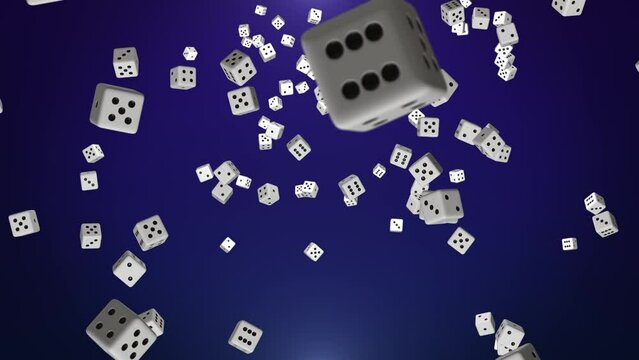 Boardgame dice randomly flying and rotating on a dark blue background , 4k , 60 fps