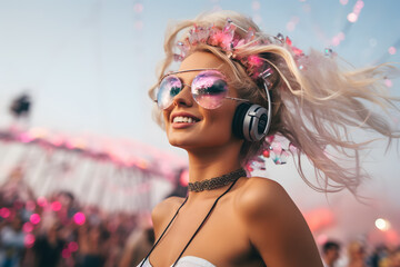 Portrait of beautiful dancer girl at new year EDM festival