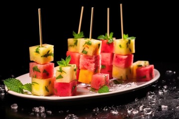 skewer with cubes of watermelon and pineapple pieces