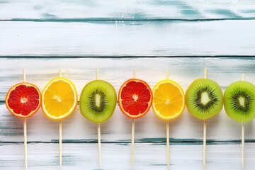 skewered fruits against a light wooden backdrop