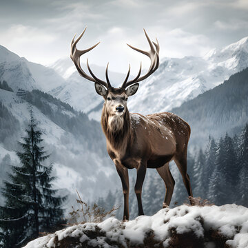 Hirsch umgeben von Wald und Bergen im Winter