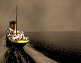 Steamboat ocean liner stern of the ship view in evening with smoking chimneys 3D render image in HDR - 670908002