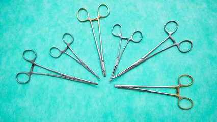 Flat lay of stainless forceps medical scissors. Medical instruments. Medical Surgical Instrument. Equipment used in surgery.