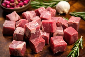 raw cubes of lamb rubbed in garlic and rosemary, up close - obrazy, fototapety, plakaty