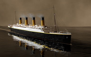 Steamboat ocean liner general view in evening with smoking chimneys 3D render image in HDR - 670908024