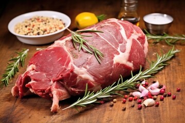 a whole raw lamb rubbed in garlic and rosemary, close-up