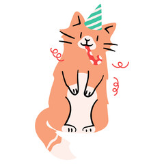 Cute cat blowing party horn flat illustration