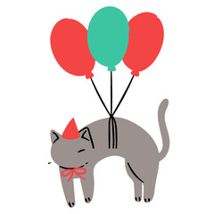Cute cat floating with balloons party flat illustration