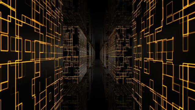 Flying through an abstract corridor with yellow digital patterns , 4k , 60 fps