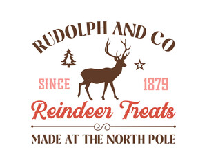 Reindeer treats vintage farmhouse Christmas sign, label, poster design on white background