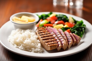 grilled tuna steak served with a side of rice