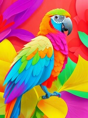 A colorful parrot in a flower background. kirigami style