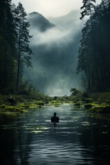 Fototapeta na wymiar swimmer's serene moment of solitude in the middle of a calm lake, Generative AI