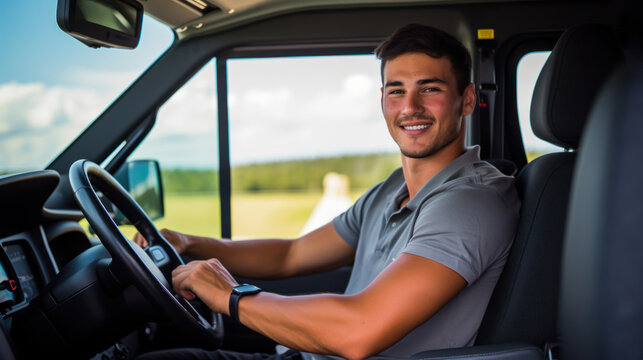 Young truck driver in the car cab. A truck driver is carrying cargo. Business concept, transportation.