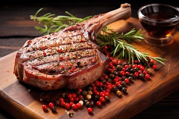 grilled veal chop with peppercorns on top - obrazy, fototapety, plakaty