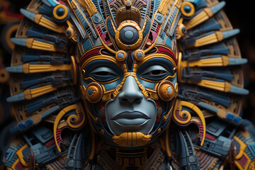A complex, multi-layered pattern of interlocking shapes that resembles a Pharaoh face.  