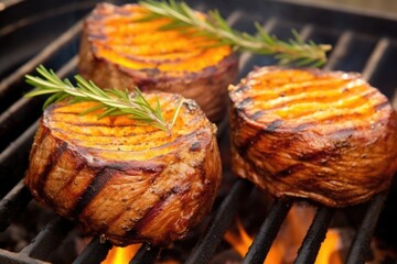 steaks of butternut squash curled up on a grill - obrazy, fototapety, plakaty