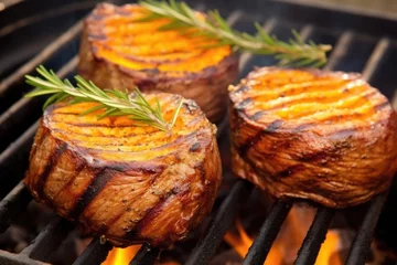 Gordijnen steaks of butternut squash curled up on a grill © altitudevisual