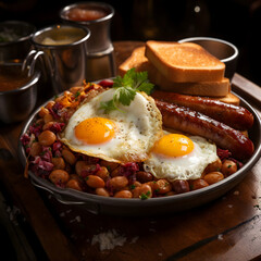 breakfast with fried eggs and bacon.