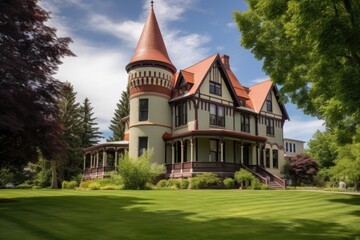 rear view of a grand gothic revival house featuring battlements
