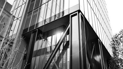Combination of metal and glass wall material. Steel facade on columns. Abstract modern architecture. High-tech minimalist office building. Black and white. - obrazy, fototapety, plakaty