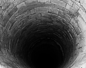 narrow tunnel or a bottomless pit made of rocks in black and white