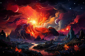 A digital illustration that depicts a stylized, abstract volcano.  
