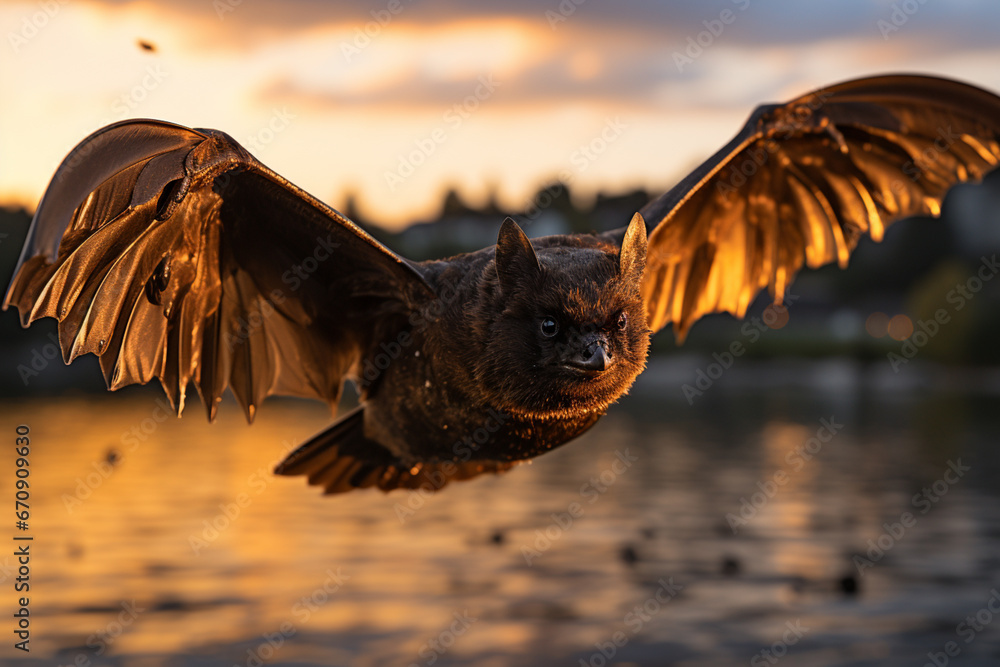 Fototapete an image of a bat in silhouette against the backdrop of a twilight sky, creating a dramatic and myst