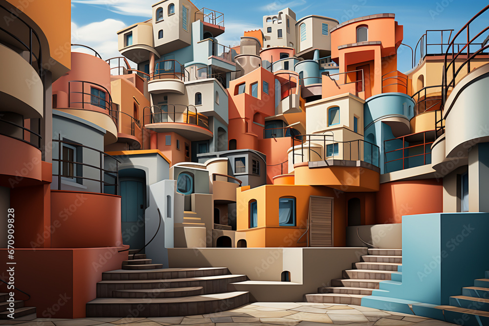 Poster an abstract painting showcasing a staircase motif with bold and vibrant geometric patterns.