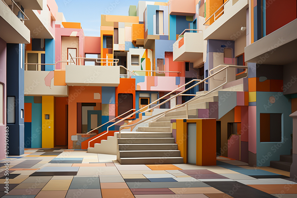 Aufkleber An abstract painting showcasing a staircase motif with bold and vibrant geometric patterns. 