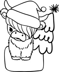 Christmas Highland cow with santa hat outline