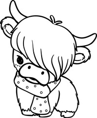 Christmas Highland cow with santa hat outline