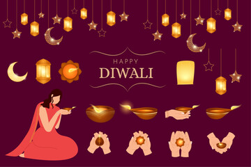 Diwali Hindu Indian festival of lights elements set, Decorative for Poster banner advertisement